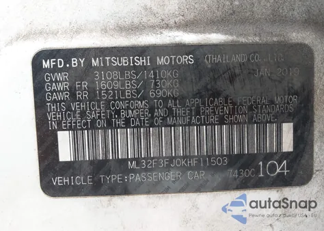 2019 Mitsubishi Mirage G4 Es z USA, uszkodzony, nr VIN ML32F3FJ0KHF11503